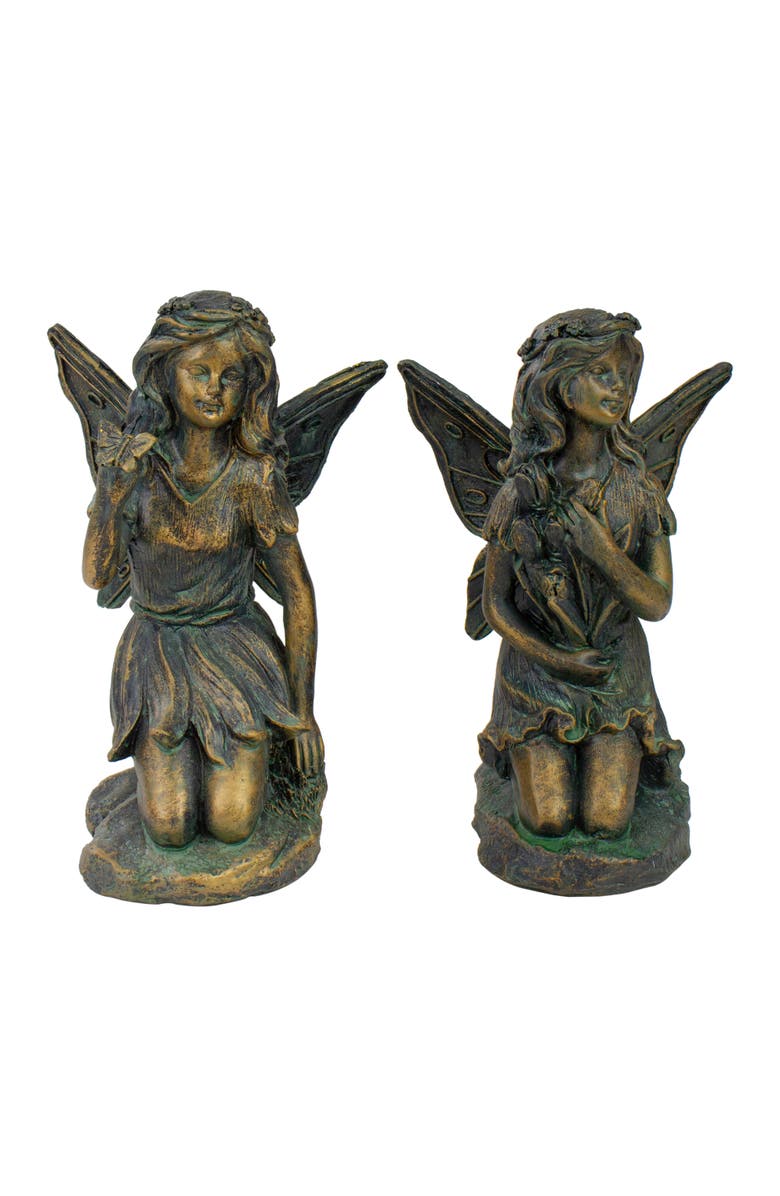 Northlight Set of 2 Bronze Kneeling Fairies With Flowers and a Butterfly Outdoor Garden Statues - 7", Main, color, Bronze