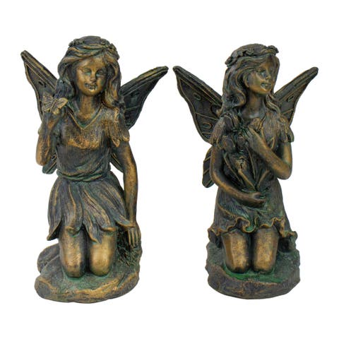 Set of 2 Bronze Kneeling Fairies With Flowers and a Butterfly Outdoor Garden Statues - 7"