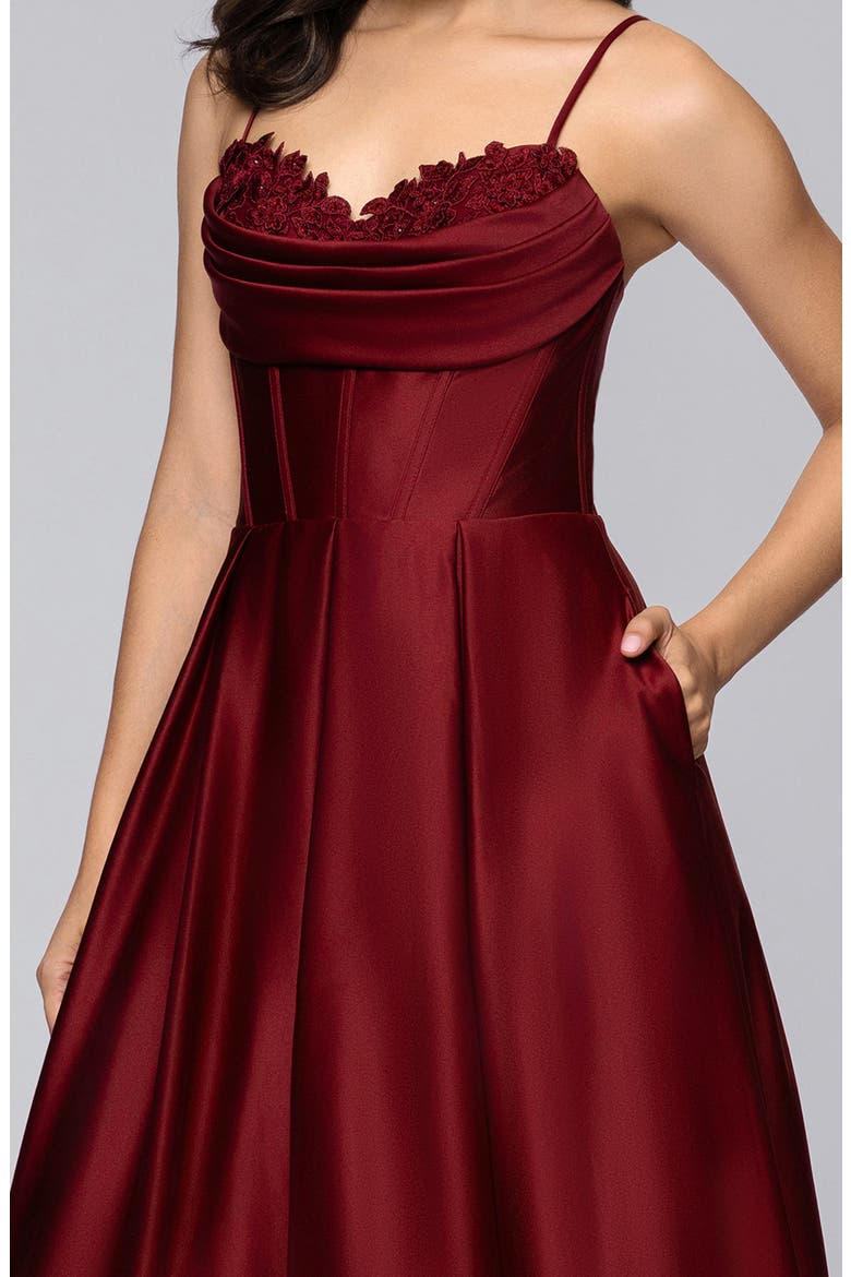 Beaded Embroidery Detail Satin Gown, Alternate, color, WINE