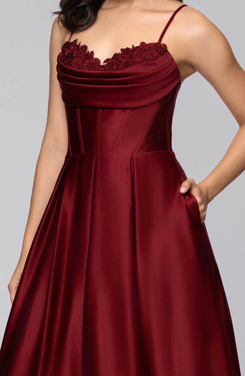 Blondie Nites Beaded Embroidery Detail Satin Gown, Alternate, color, Wine