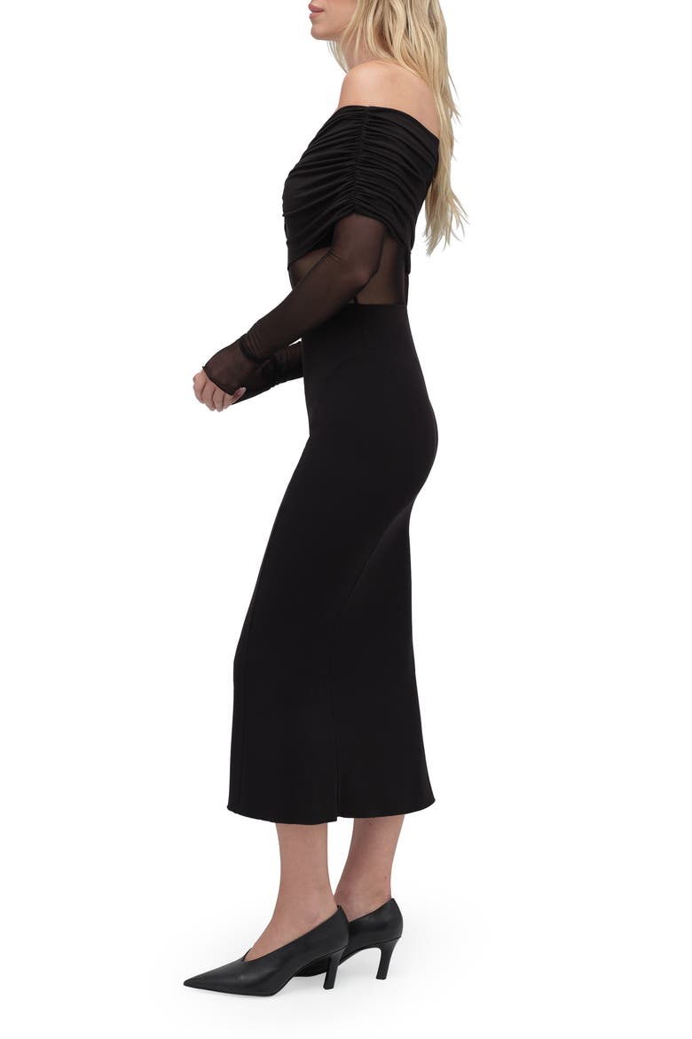 The New Era Ruched Off the Shoulder Long Sleeve Midi Dress, Alternate, color, BLACK