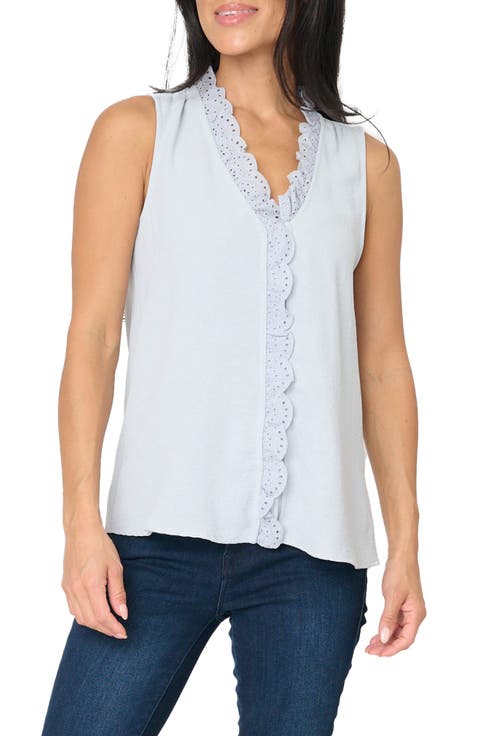 Embroidered Eyelet Trim Button-Up Top