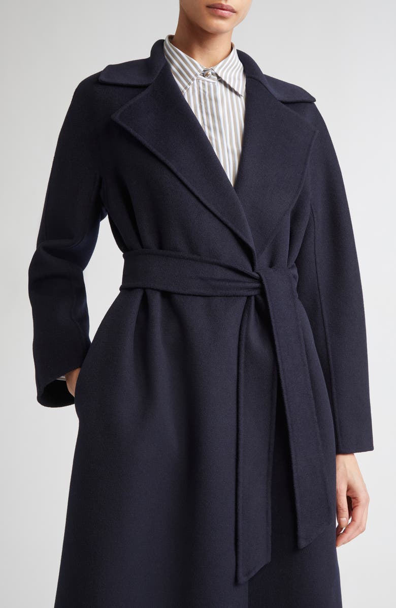 Max Mara Studio Cles Virgin Wool Blend Belted Coat, Alternate, color, Navy
