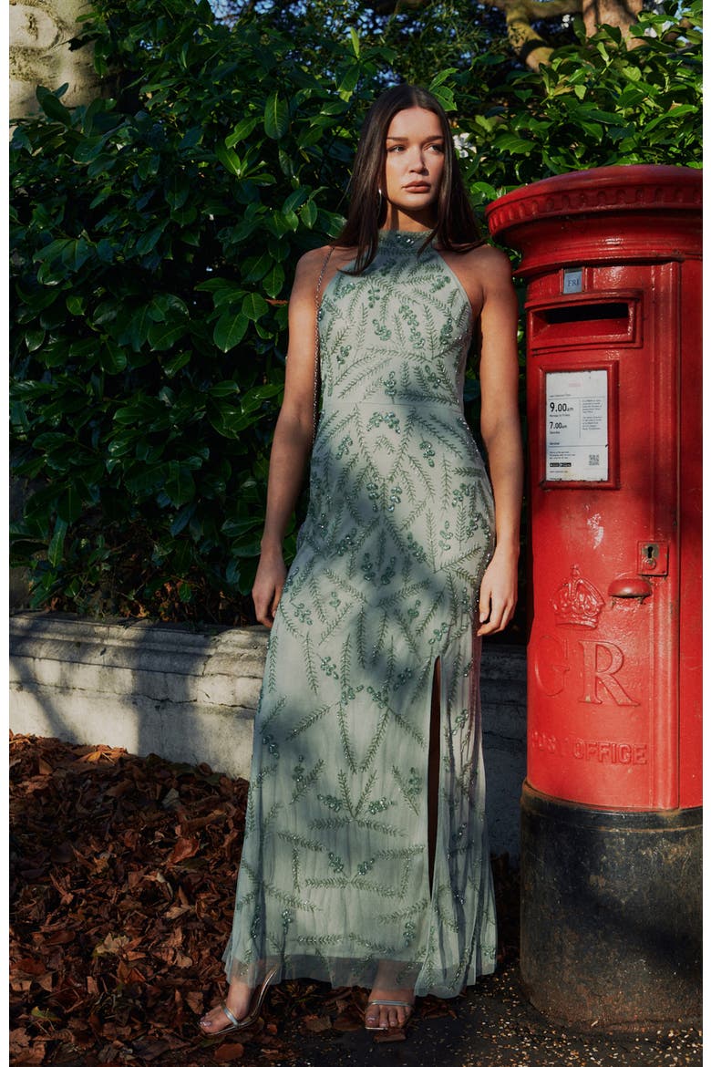 Occasion Embellished Sequin Beaded Halter Neck Evening Gown, Alternate, color, SAGE GREEN