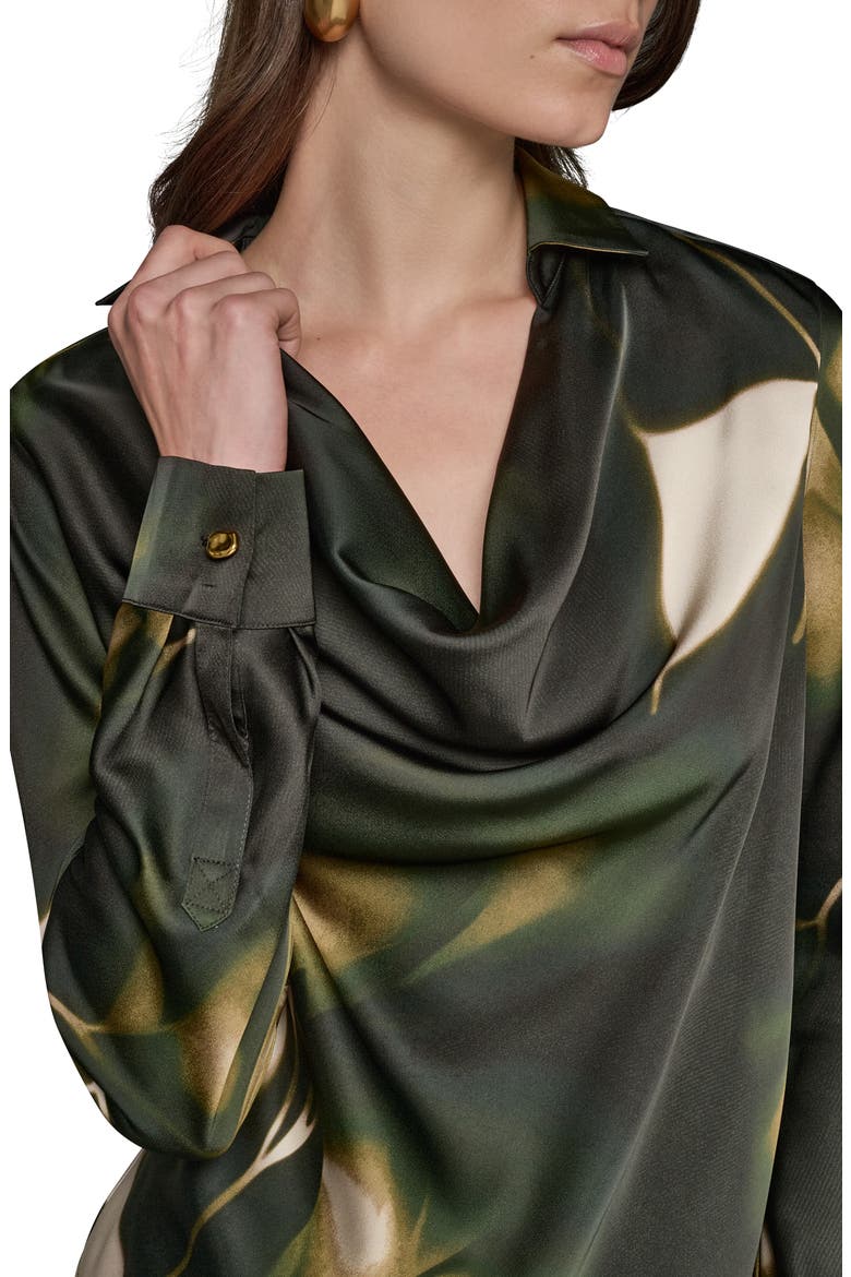 Printed Cowl Neck Satin Top, Alternate, color, OLIVE BRINE