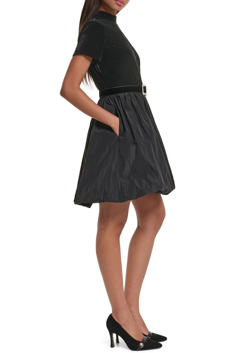 Mixed Media Bubble Hem Dress, Alternate, color, BLACK