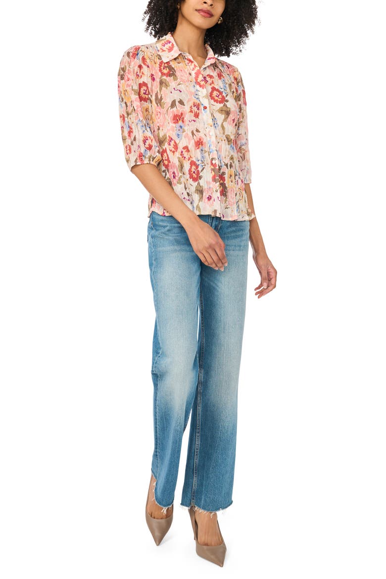 Flutter Sleeve Floral Button-Down Shirt, Alternate, color, SAND DRIFT
