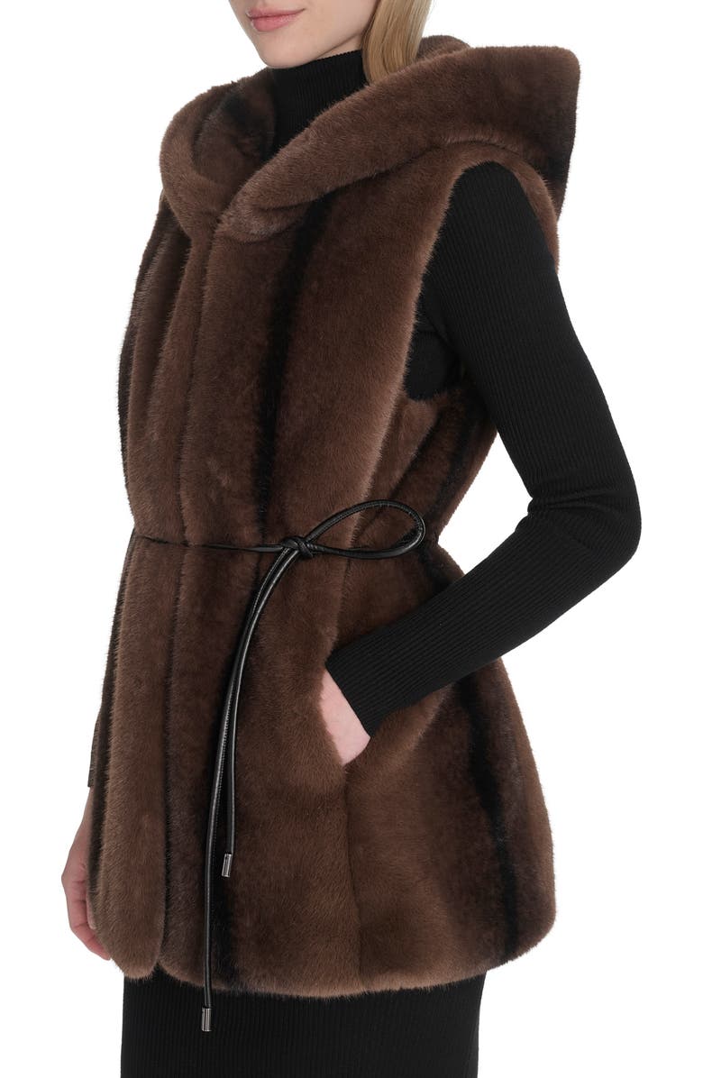 Cole Haan Hooded Faux Mink Vest, Alternate, color, Brown