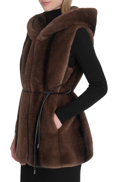 Cole Haan Hooded Faux Mink Vest In Brown
