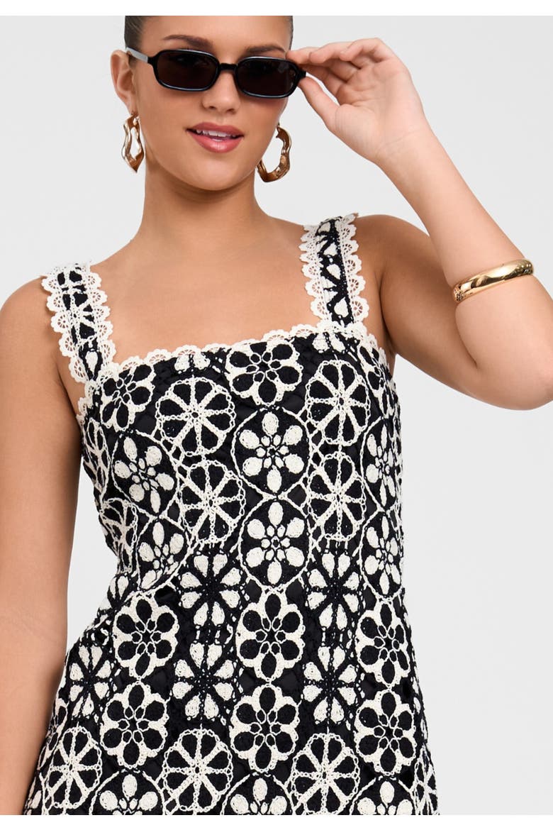 Avenya Square Neck Crochet Mini Dress, Alternate, color, Black & White Floral
