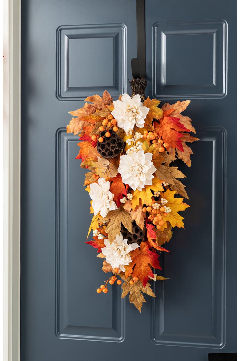 28"H Fall Dahlia Lotus Pod and Berry Teardrop, Alternate, color, Orange