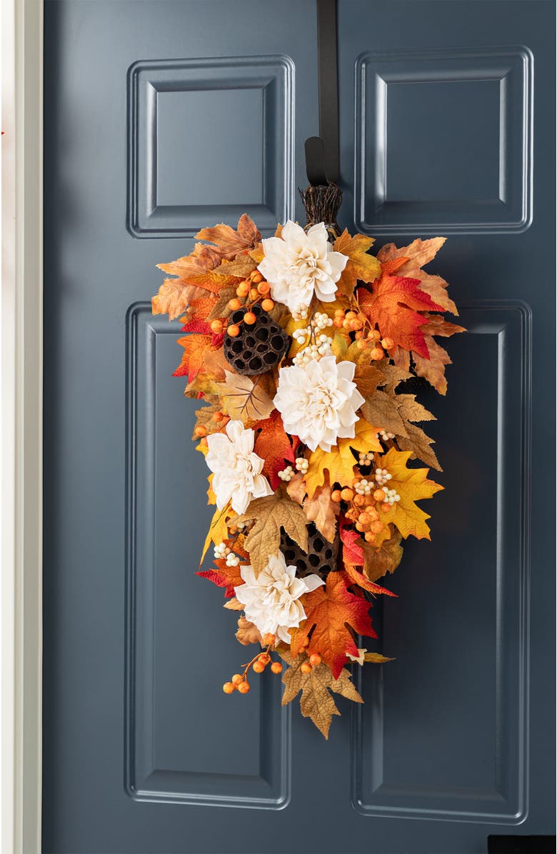 Glitzhome 28"H Fall Dahlia Lotus Pod and Berry Teardrop, Alternate, color, Orange