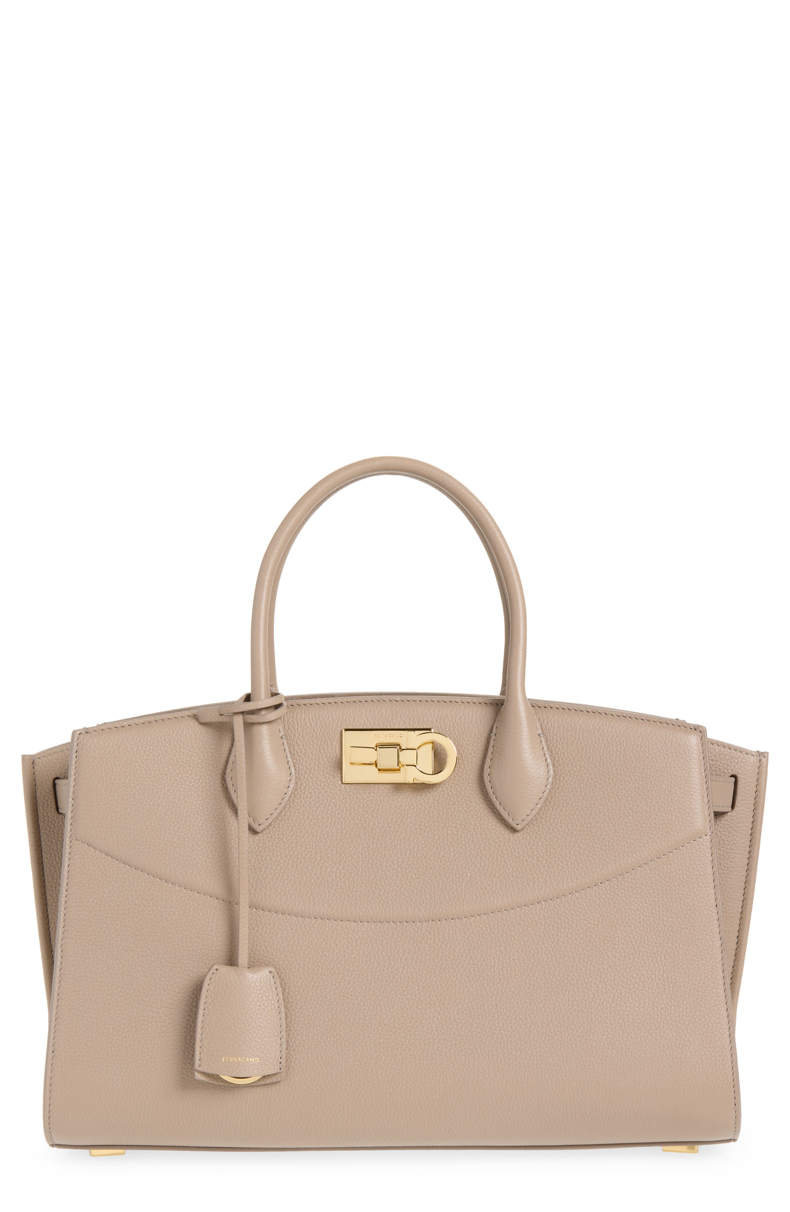 FERRAGAMO Small The Studio Soft Leather Top Handle Bag, Main, color, Warm Taupe
