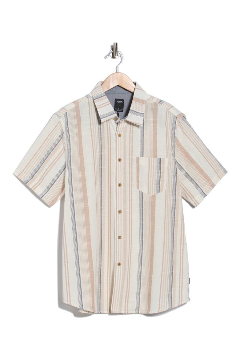 Rio Stripe Short Sleeve Button-Up Shirt, Alternate, color, FLAX
