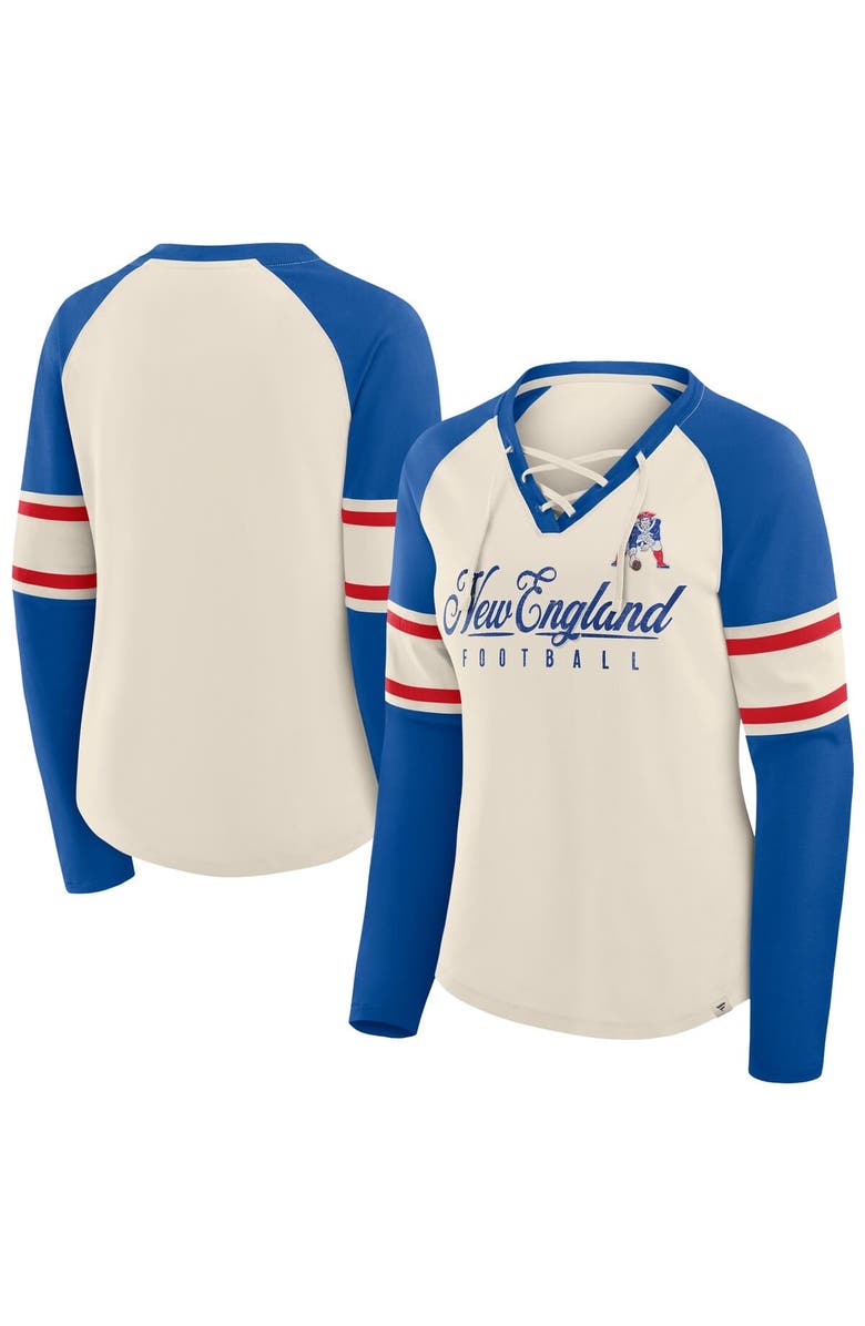 FANATICS Women's Fanatics Cream/Royal New England Patriots Hometown Gridiron Hero Raglan Lace-Up V-Neck Long Sleeve T-Shirt, Alternate, color, Cream