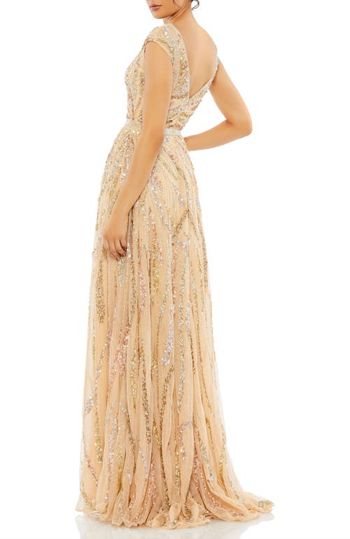 Mac Duggal Cap Sleeve Embellished Evening Gown In Beige Multi