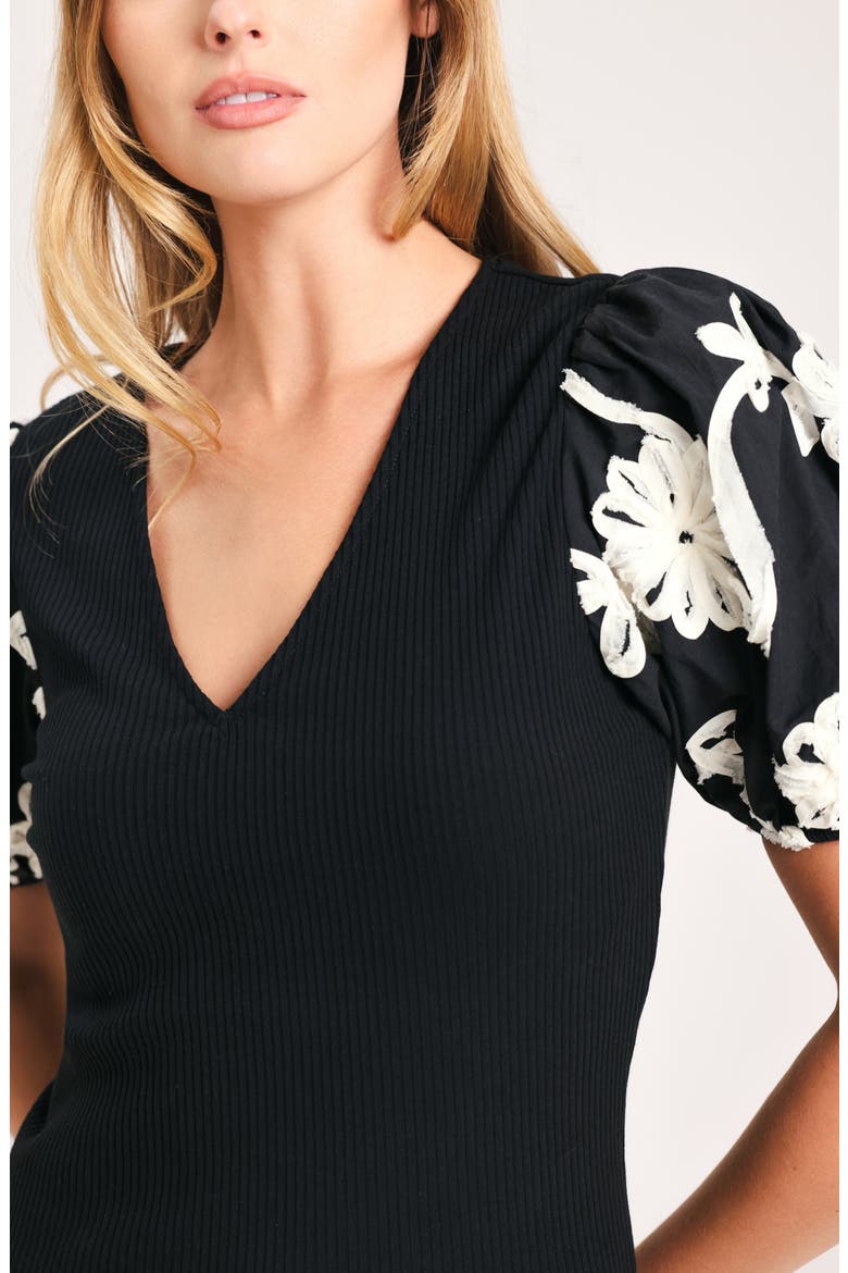 Floral Embroidered Puff Sleeve Ribbed Top, Alternate, color, BLACK