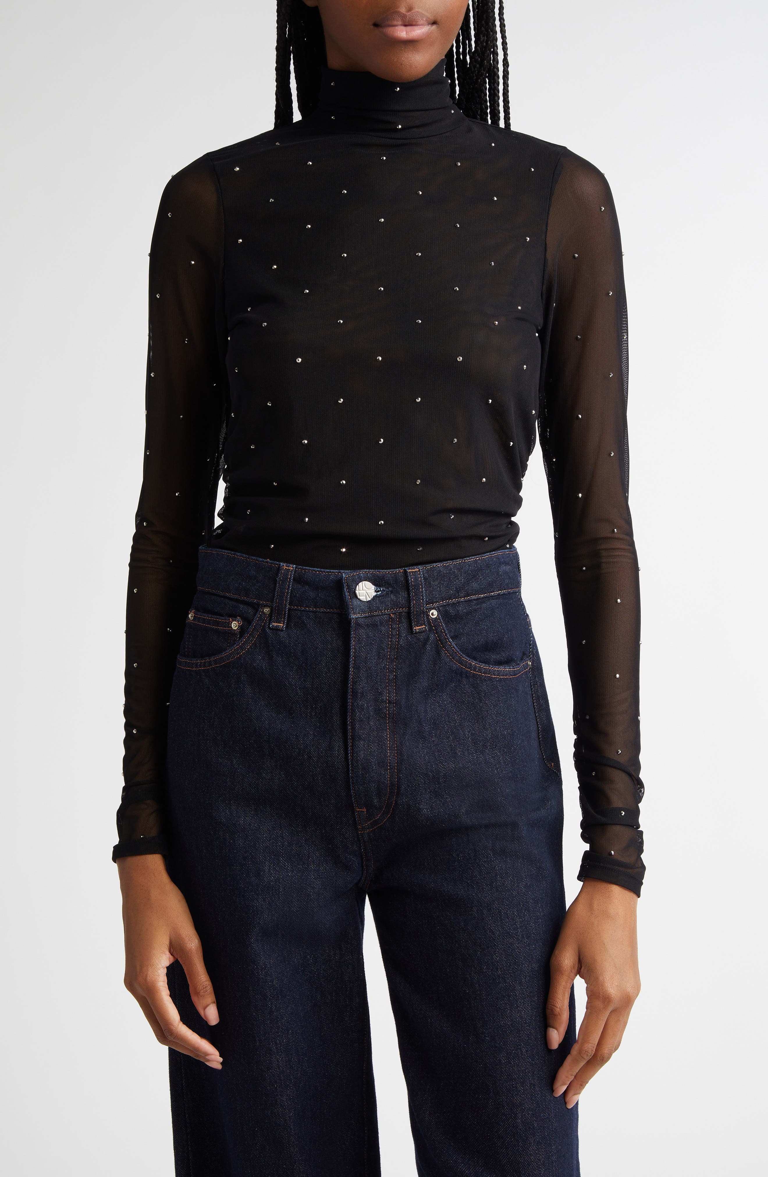 Cinq à Sept Embellished Mesh Turtleneck Top