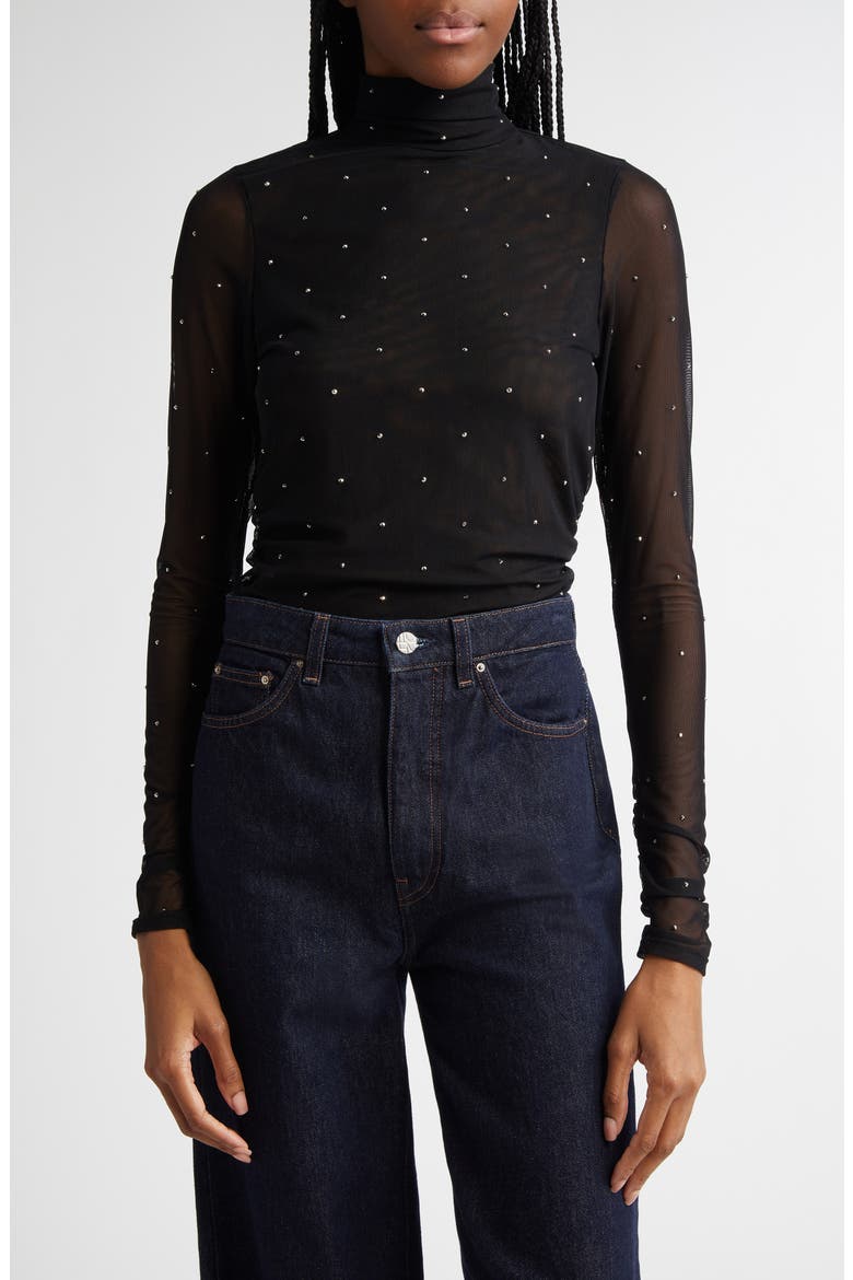 Embellished Mesh Turtleneck Top, Main, color, BLACK/ SILVER