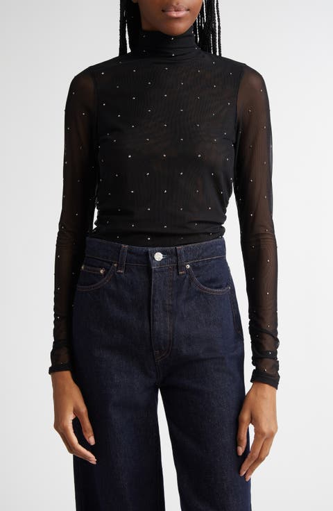 Embellished Mesh Turtleneck Top