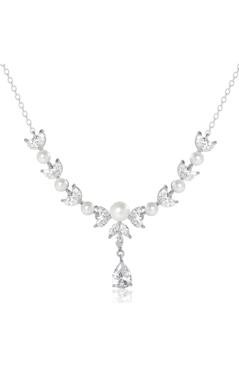 Jessica Simpson Pearl & Crystal Drop Necklace, Main, color, Silver