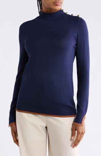 Tipped Button Shoulder Mock Neck Sweater