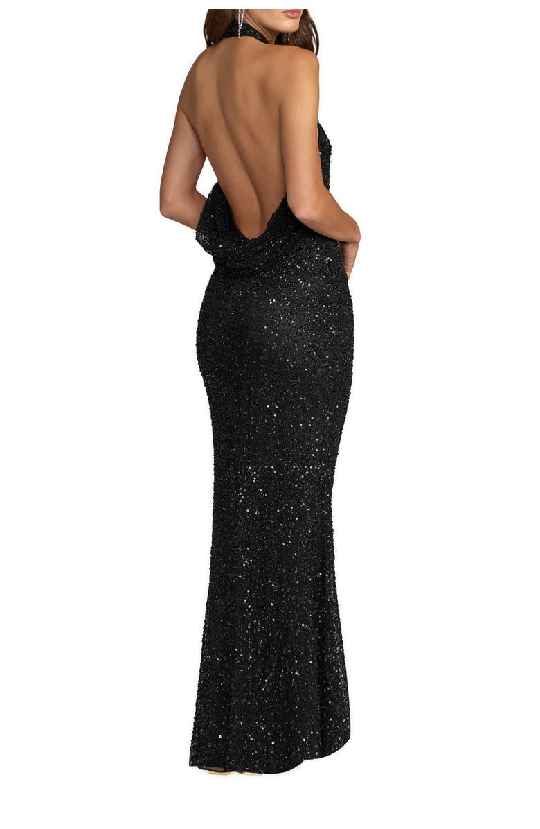 Mac Duggal Halter Neck Open Back Beaded Column Gown, Alternate, color, Black