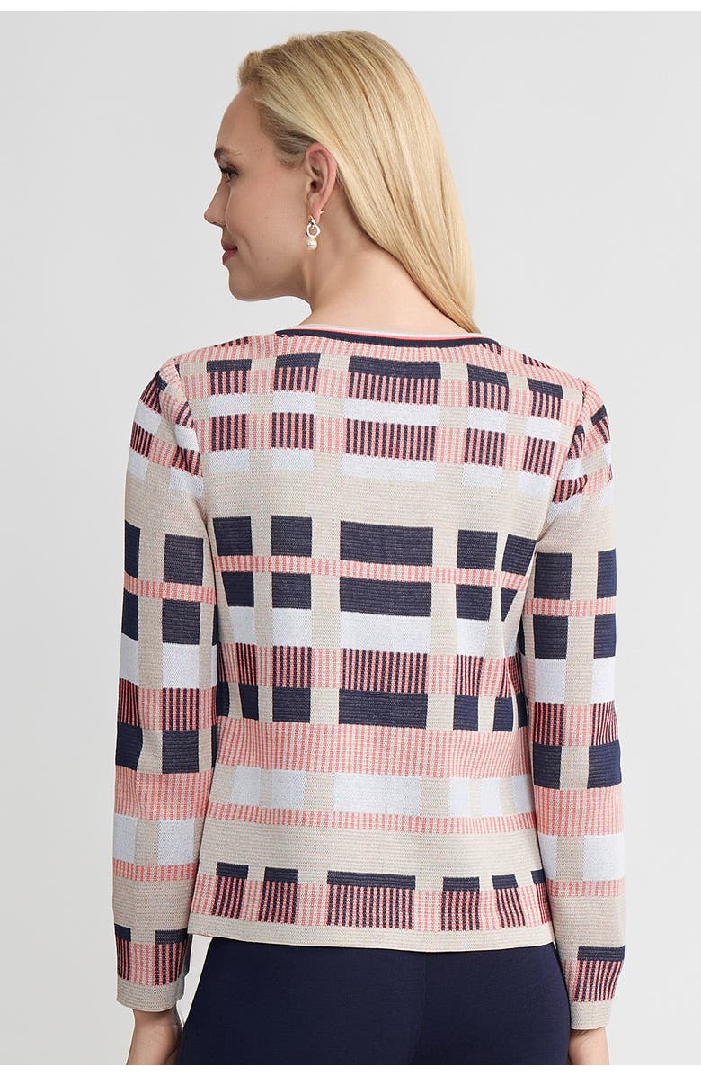 Ming Wang Heritage Jacquard Colorblock Knit Cardigan, Alternate, color, Sunkist Coral/Indigo/Tan