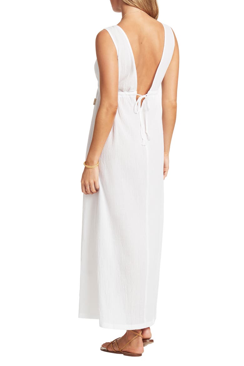 Crinkle Drawstring Waist Cotton Cover-Up Maxi Dress, Alternate, color, WHITE