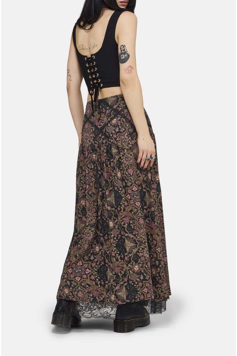 Mythos Print Lace Detail Midaxi Skirt, Alternate, color, Black