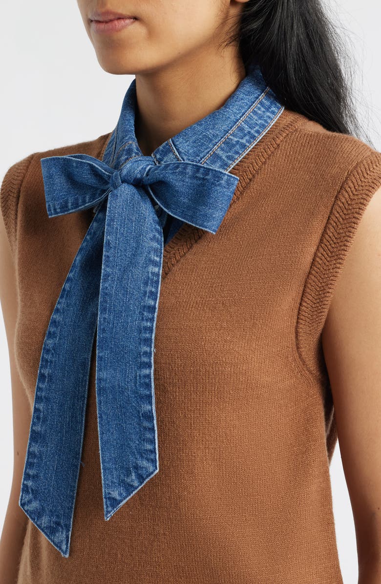 Wit & Wisdom Mixed Media Removable Bow Neck Sweater, Alternate, color, Sahara Sand/ Blue