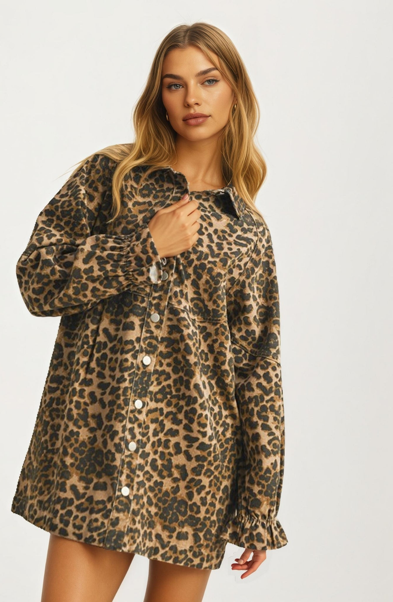 Knit and Lounge Button Front Long Sleeve Shirt Dress, Alternate, color, Leopard Print