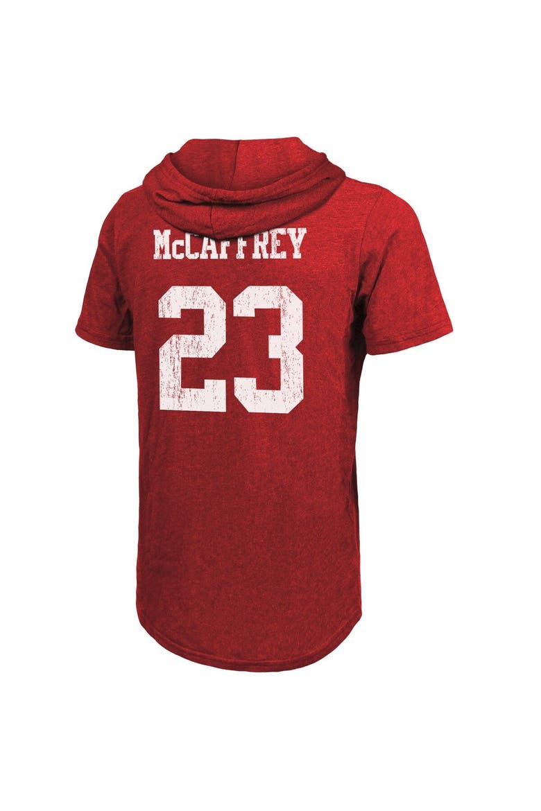 Men's Majestic Threads Christian McCaffrey Scarlet San Francisco 49ers Player Name & Number Tri-Blend Slim Fit Hoodie T-Shirt, Alternate, color, Scarlet