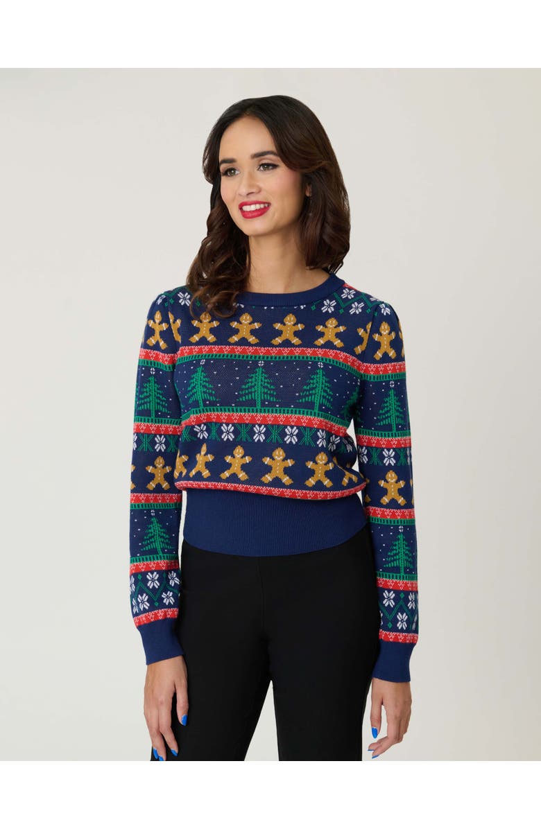 Unique Vintage Long Sleeve Fair Isle Sweater, Main, color, Navy Gingerbread Print
