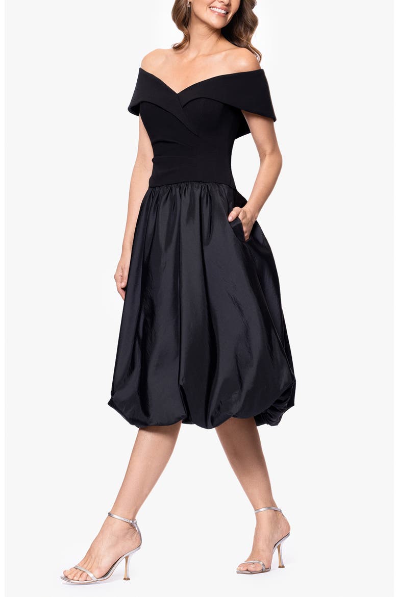 Mixed Media Bubble Hem Cocktail Midi Dress, Alternate, color, BLACK