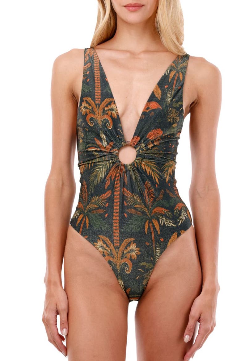 Jade Oasis Misha Metallic O-Ring One-Piece Swimsuit, Main, color, JADE OASIS
