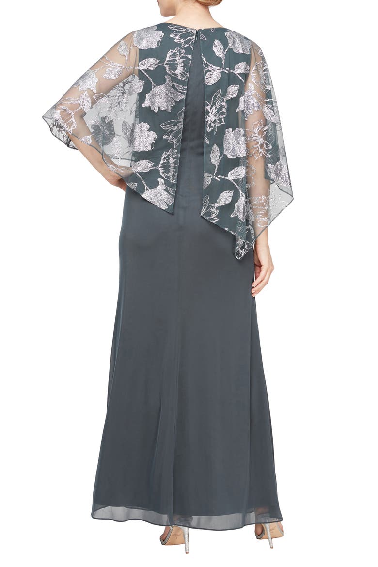 Metallic Floral Chiffon Cape Gown, Alternate, color, SMOKE/ SILVER