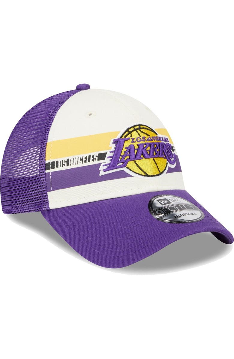 New Era Men's New Era Los Angeles Lakers Purple Stripes 9FORTY Trucker Snapback Hat, Alternate, color, 