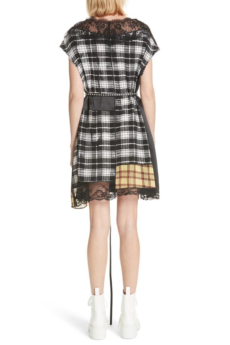 Lace Trim Plaid Silk Dress, Alternate, color, WHITE MULTI