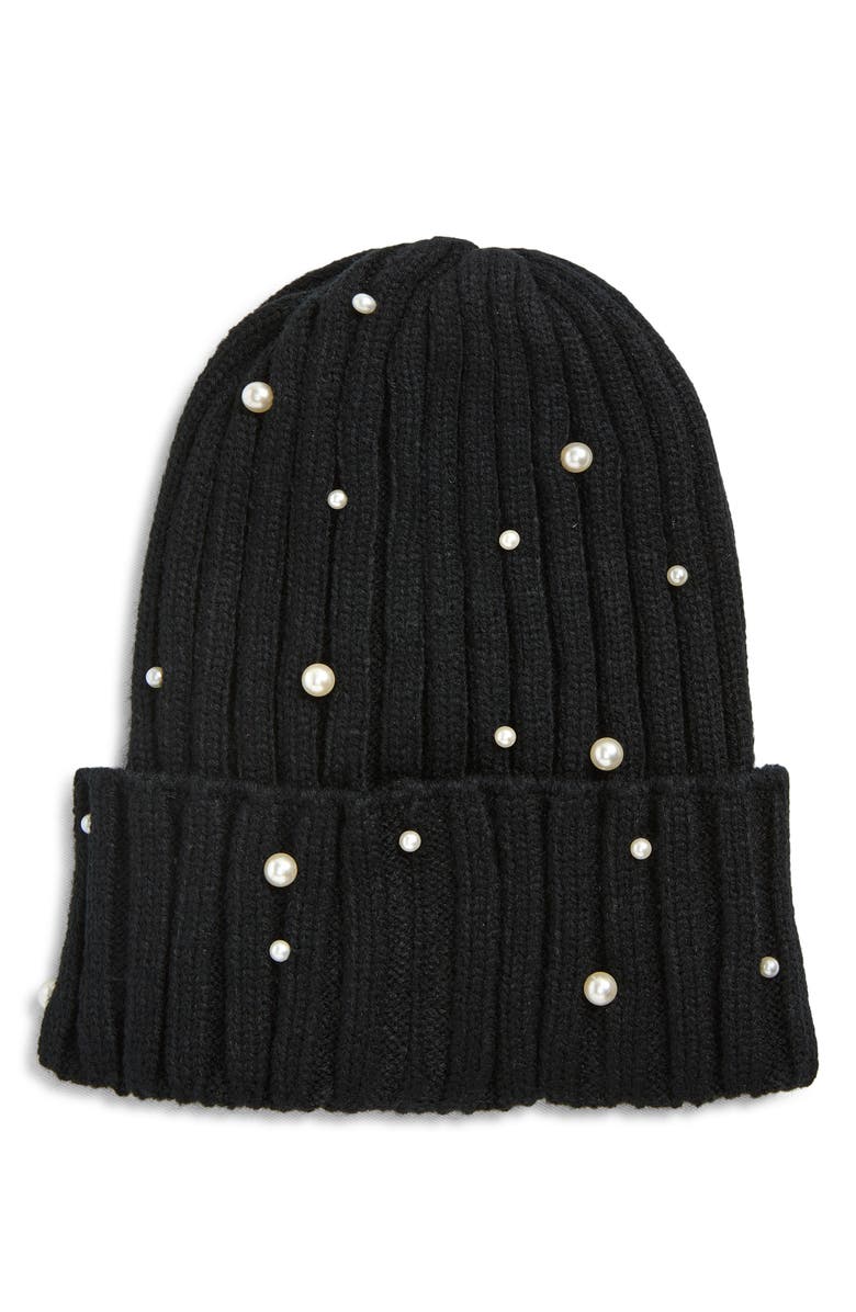 Tasha Faux Pearl Stud Beanie, Main, color, Black
