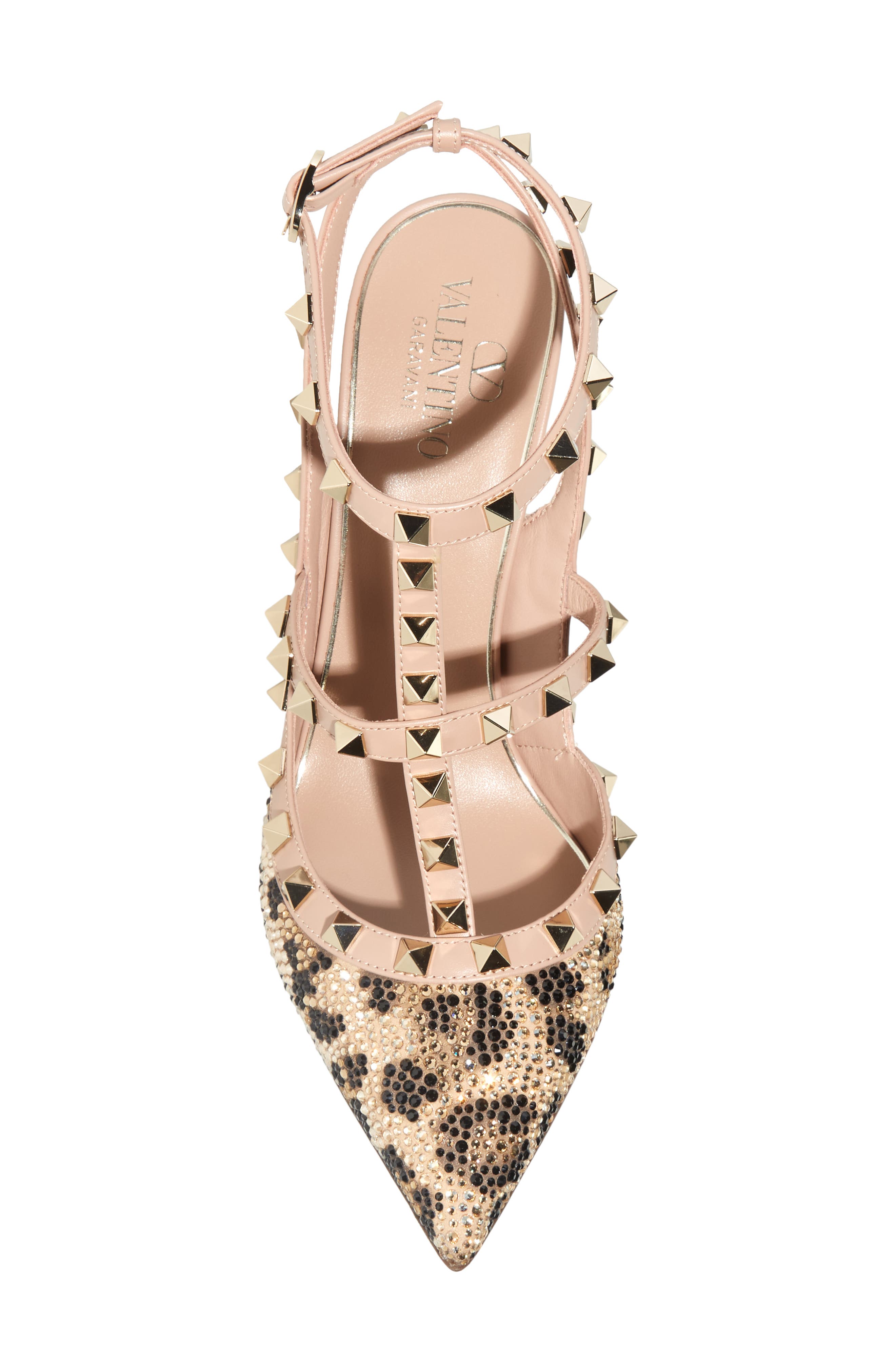 Valentino Garavani Rockstud Crystal Leopard Spot Pointed Toe T-Strap Pump, Alternate, color, 