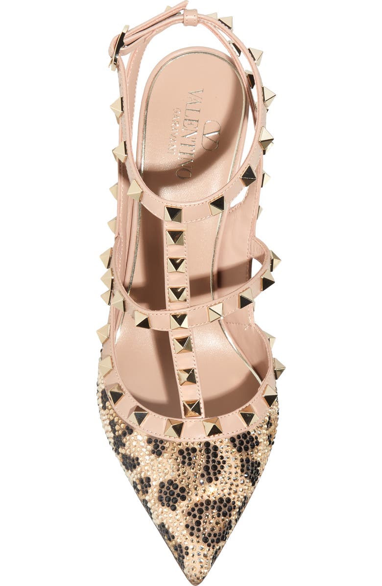 Valentino Garavani Rockstud Crystal Leopard Spot Pointed Toe T-Strap Pump, Alternate, color,