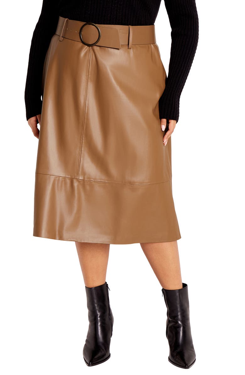 City Chic Untamed Belted Faux Leather Skirt, Main, color, Tan