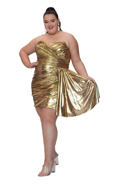 Metallic Strapless Short Party Dress with Drape Flyaway