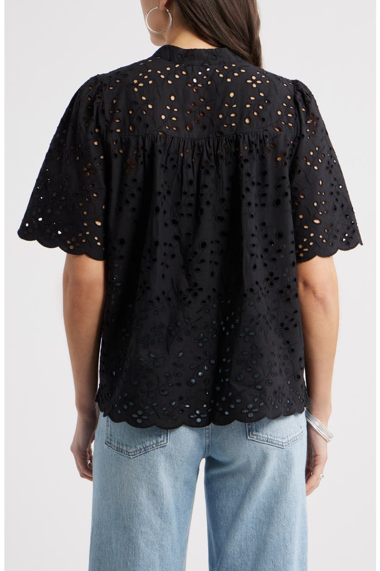 Eyelet Split Neck Cotton Top, Alternate, color, BLACK