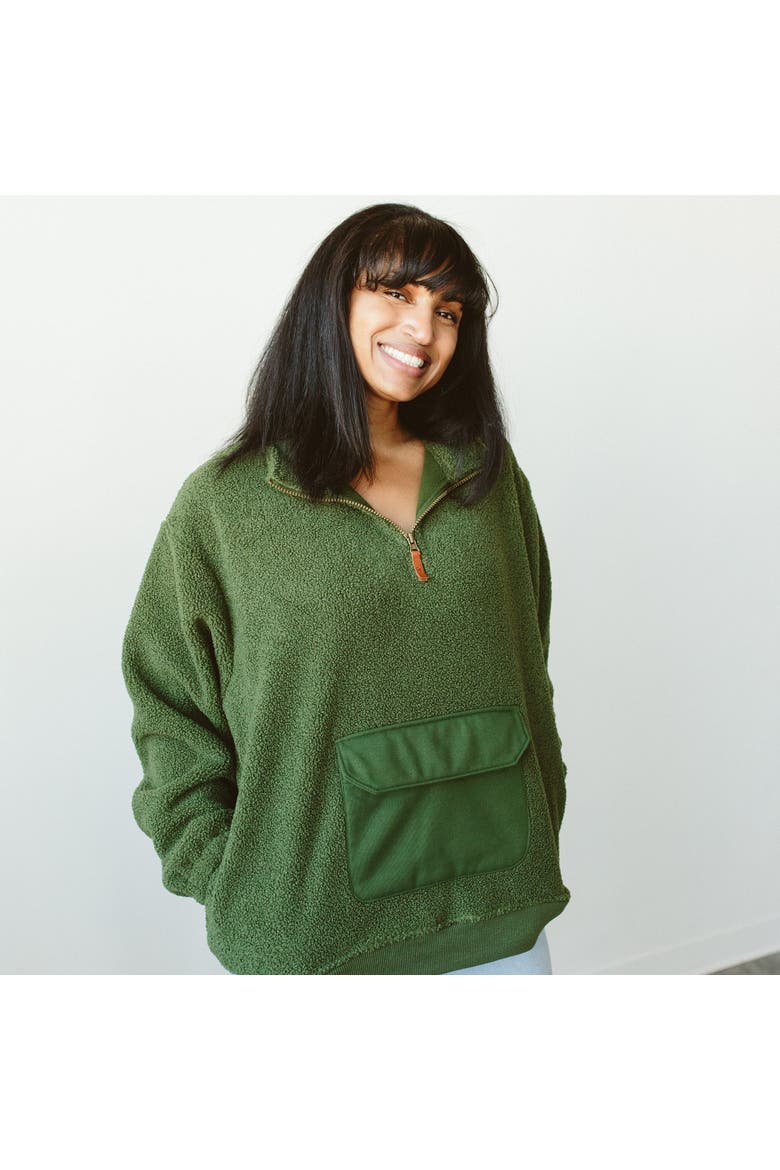 Goumi Adult Faux Shearling Organic Zip Pullover, Alternate, color, Spruce