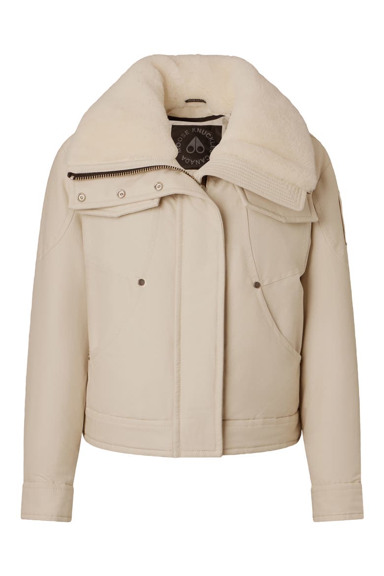 Aurora Down & Feather Fill Trucker Jacket with Genuine Shearling Collar, Main, color, ALABASTER