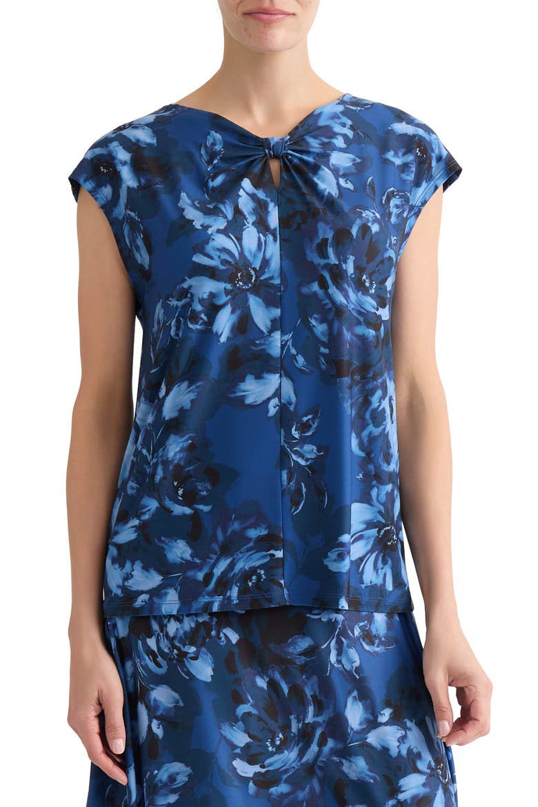 Floral Print Knit Keyhole Bow Top, Main, color, BLUE NIGHT MULTI