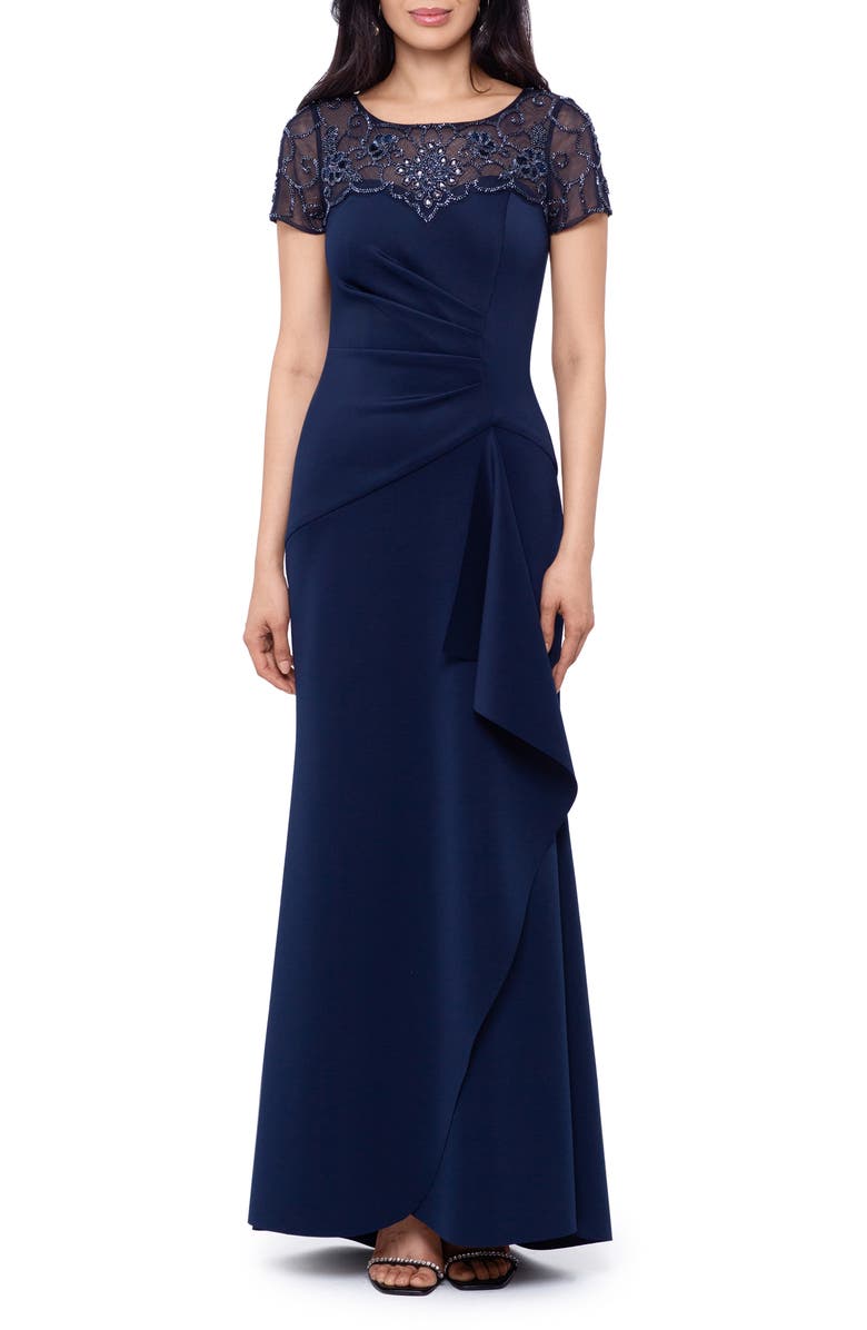 Xscape Evenings Ruched Embellished Lace Bodice Gown, Main, color, 