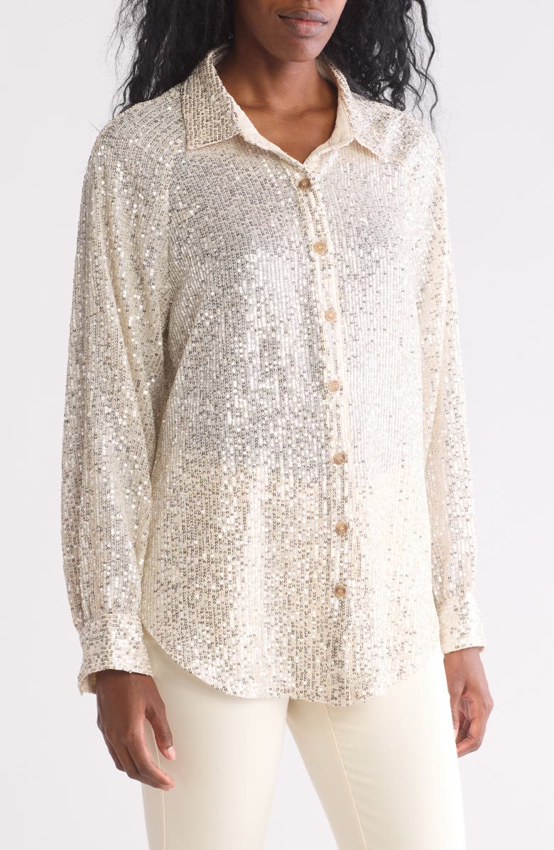WISHLIST Sequin Button-Up Blouse, Main, color, Champagne